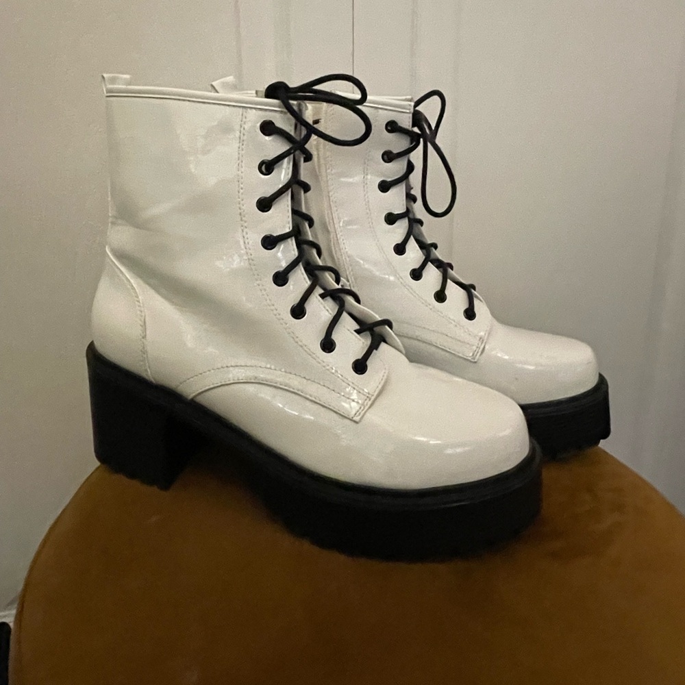 White faux leather combat boots